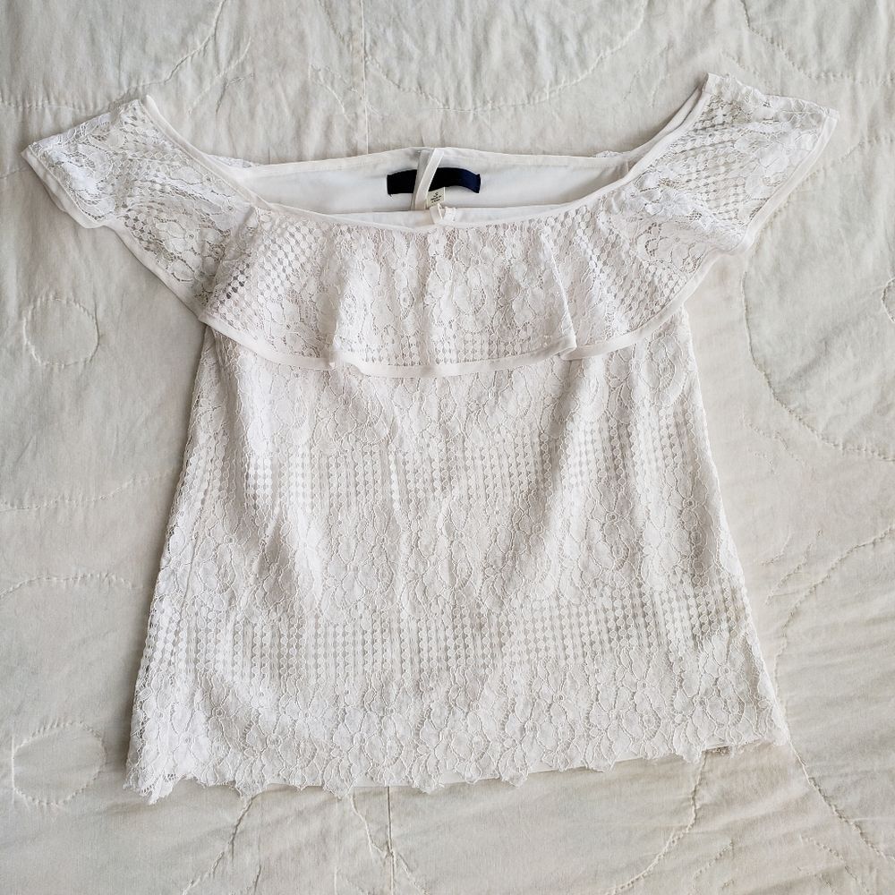 Blue Rain Off-The-Shoulder Blouse White Small Ruffle Lace Bardot Rosette Twee